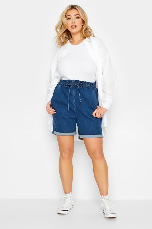 YOURS Plus Size Mid Blue Paperbag Drawstring Denim Mom Shorts | Yours Clothing 2