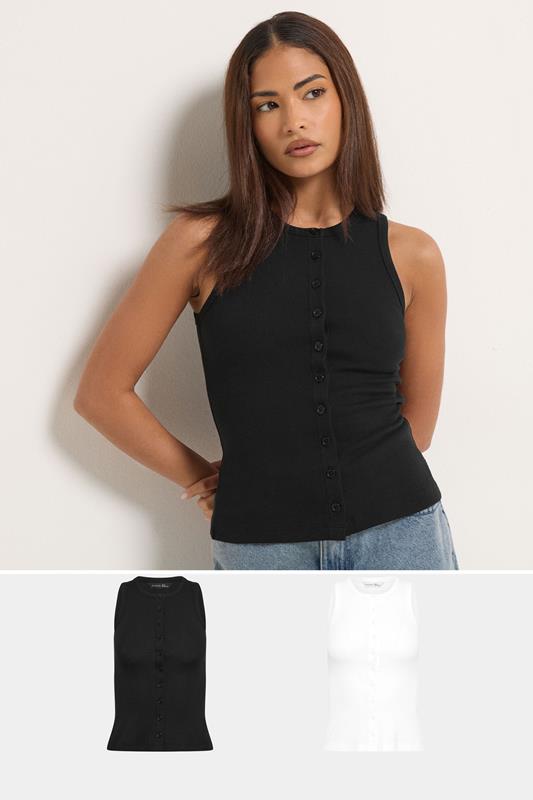  PixieGirl Petite 2 PACK White & Black Ribbed Cotton Vest Top