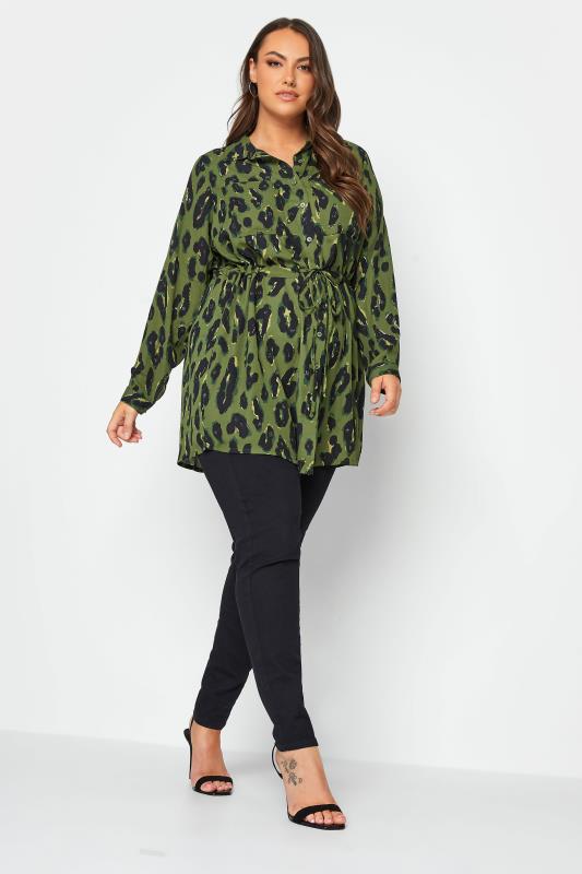 YOURS Plus Size Khaki Green Leopard Print Utility Tunic Shirt | Yours Clothing 2