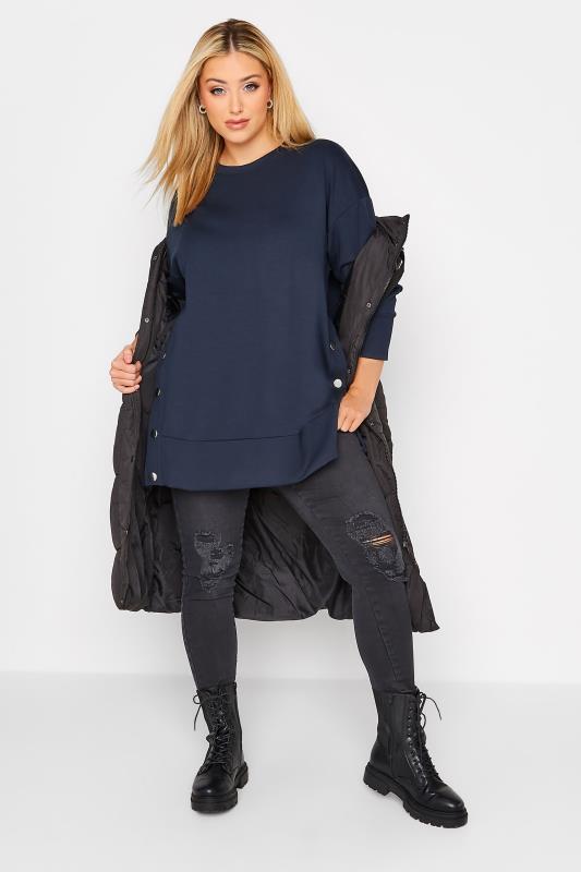 Plus Size Navy Blue Button Detail Sweatshirt | Yours Clothing 2