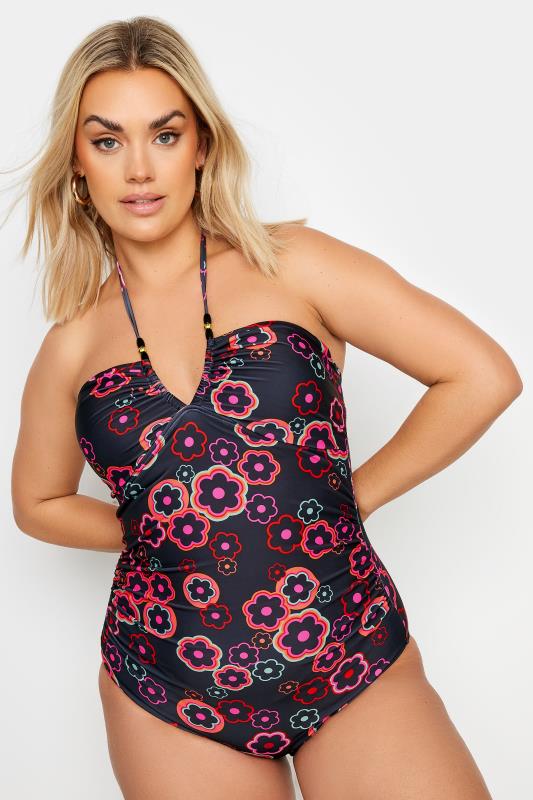 YOURS Plus Size Black & Pink Floral Halter Neck Swimsuit | Yours Clothing 5