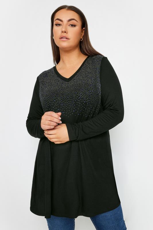YOURS Plus Size Black Stud Embellished Top | Yours Clothing 1