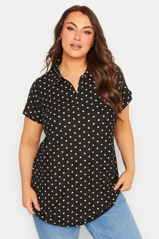 Black Polka Dot Textured Polo Top | Yours Clothing 1