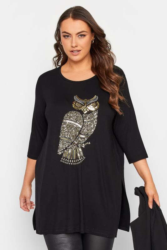 YOURS LUXURY Plus Size Black Owl Sequin Embellished Top | Yours Clothing 2