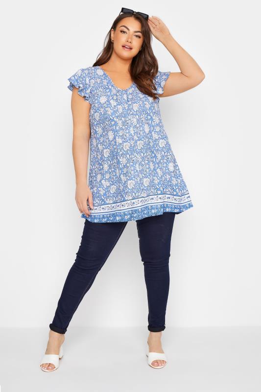Plus Size Blue Floral Print Frill Sleeve Blouse | Yours Clothing 2
