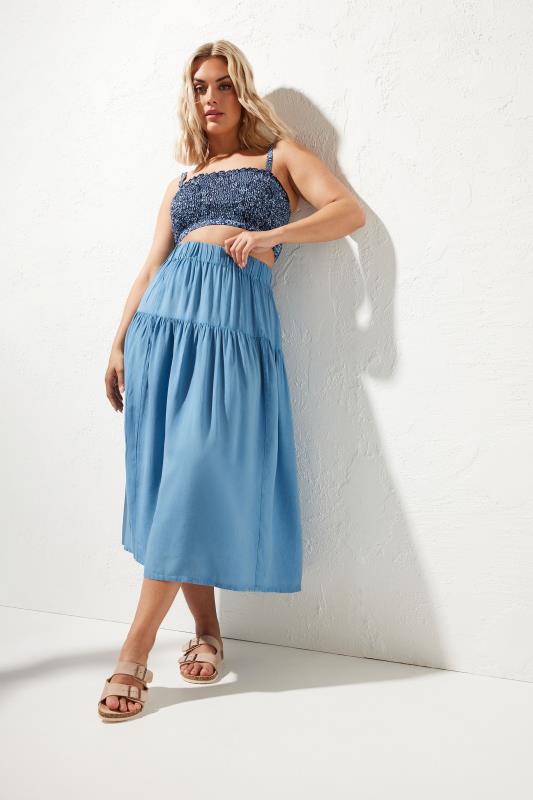 YOURS Plus Size Blue Chambray Tiered Midi Skirt | Yours Clothing 1