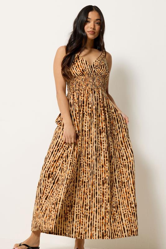 PixieGirl Petite Women's Brown Tie Dye Wrap Maxi Dress | PixieGirl 1