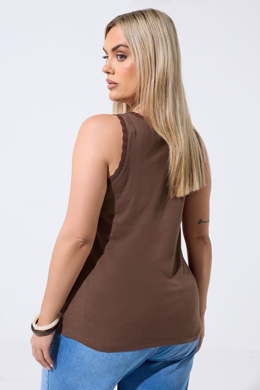 LIMITED COLLECTION Plus Size Brown Lace Trim Vest Top | Yours Clothing 2