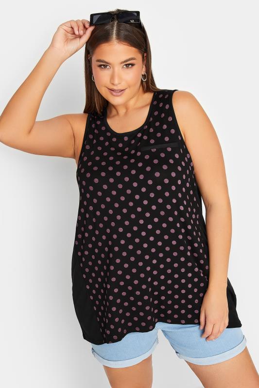 YOURS Plus Size Black Spot Print Dipped Hem Vest Top | Yours Clothing 1