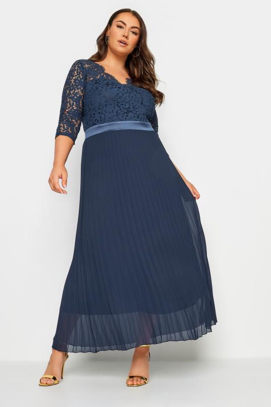  YOURS LONDON Curve Navy Blue Lace Wrap Pleated Maxi Dress