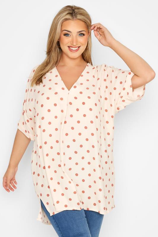 Plus Size Natural Brown Polka Dot Pleat Front V-Neck Top | Yours Clothing 1