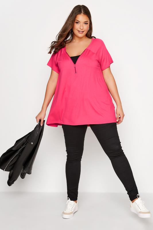 Curve Hot Pink Zip Neck T-Shirt | Yours Clothing 2