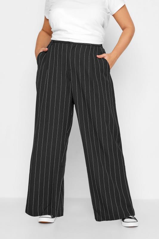 Curve Black Pinstripe Wide Leg Stretch Dad Trousers | Yours Clothing 1