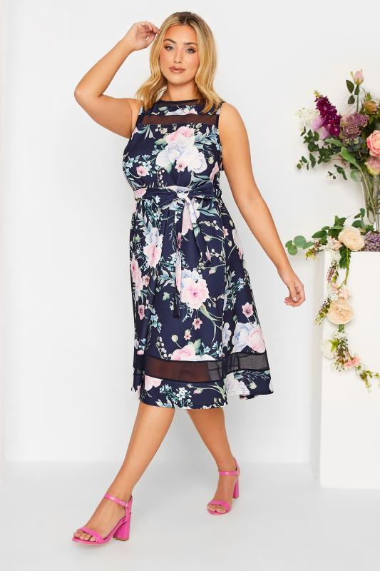 YOURS LONDON Plus Size Curve Navy Blue & Pink Floral Mesh Panel Skater Dress | Yours Clothing  2