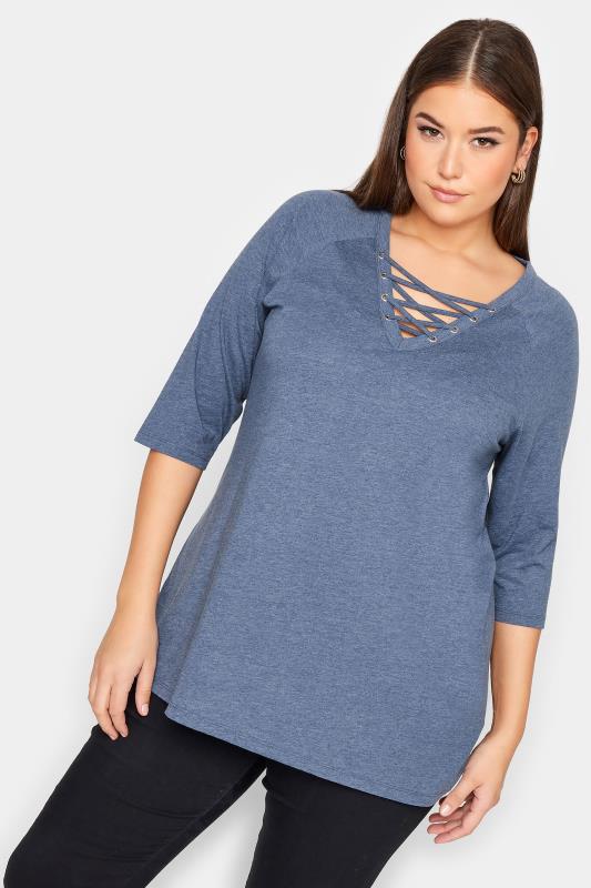 YOURS Plus Size Blue Marl Lace Up Eyelet Top | Yours Clothing 1