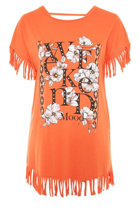 Curve Orange 'Weekend Mood' Slogan Fringe T-Shirt 6