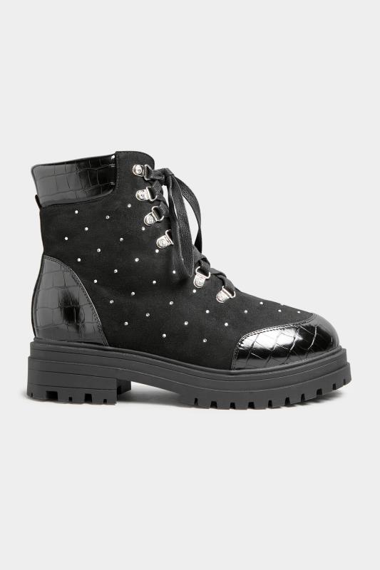 LIMITED COLLECTION Black Faux Suede Diamante Stud Lace Up Boots In Wide Fit | Yours Clothing 3