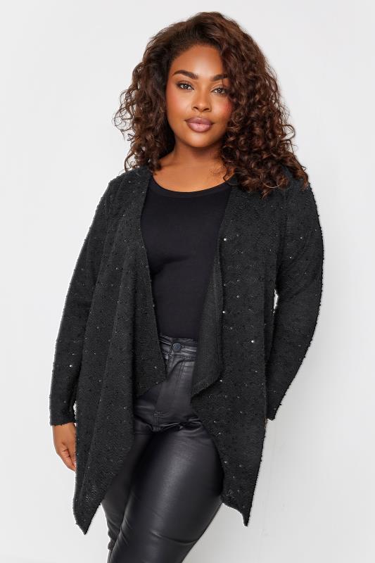YOURS Plus Size Black Sequin Waterfall Cardigan | Yours Clothing 1