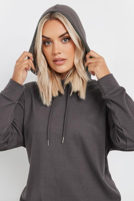 YOURS Plus Size Charcoal Grey Ribbed Hoodie | Yours Clothing  5