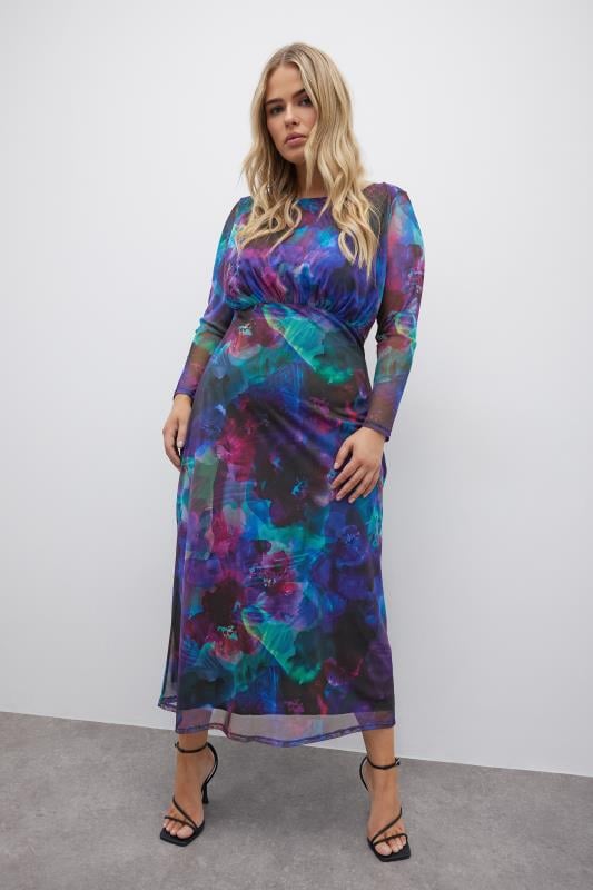  YOURS LONDON Curve Purple Blur Floral Print Mesh Maxi Dress