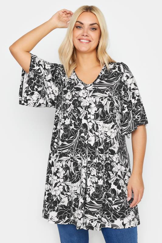 Plus Size  YOURS Curve Black Floral Print Angel Sleeve Pleated Top