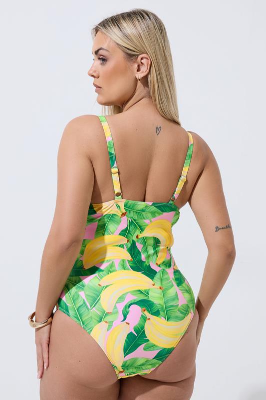 LIMITED COLLECTION Plus Size Pink Tropical Leaf & Banana Print Swimsuit | Yours Clothing 5