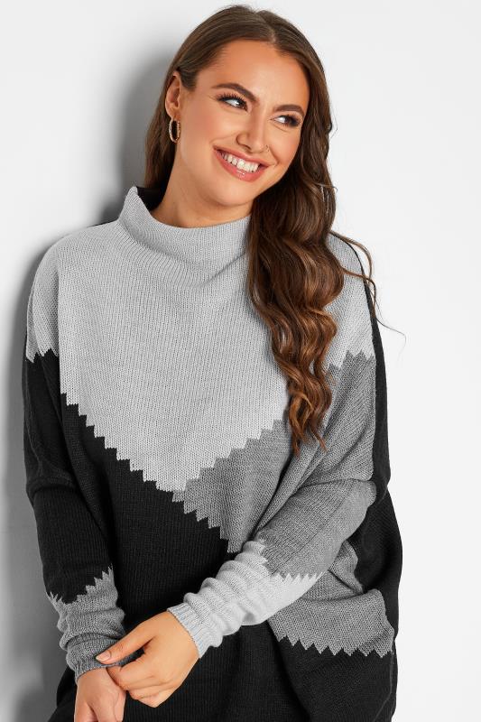 Plus Size Black & Grey Colour Block Oversized Knitted Jumper | Yours Clothing 4