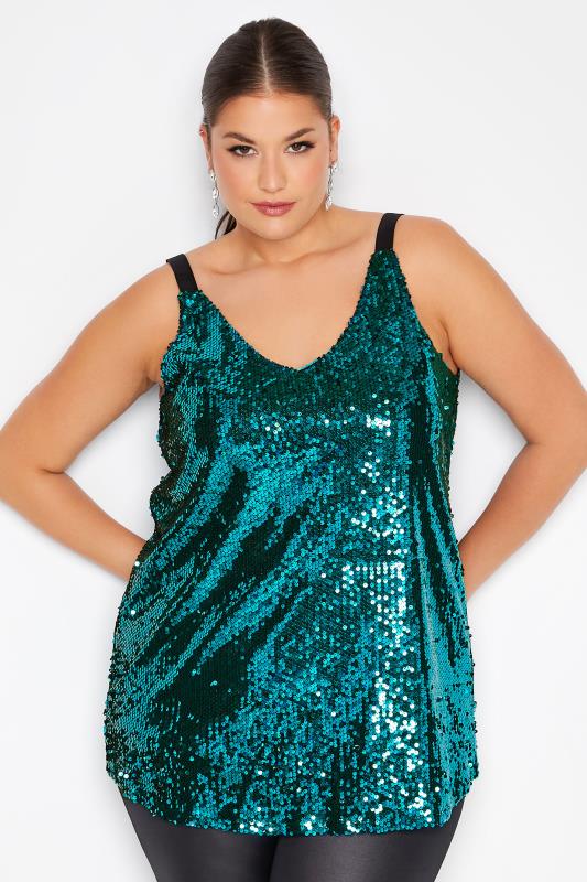 YOURS LONDON Plus Size Teal Blue Sequin Embellished Cami Top | Yours Clothing 1