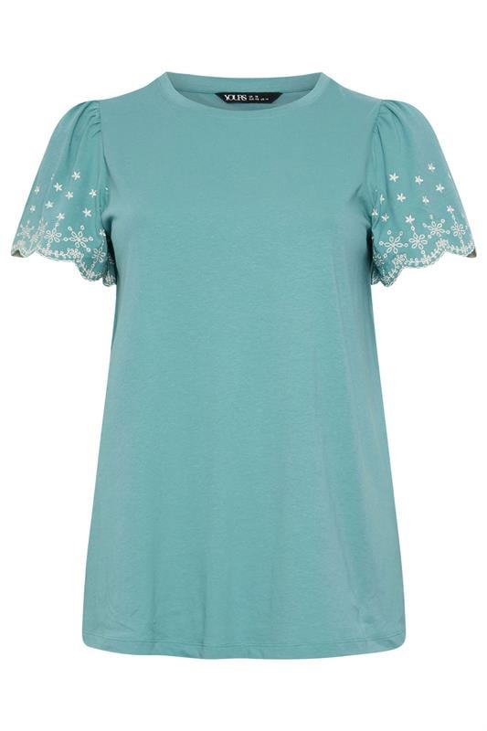 YOURS Plus Size Green Embroidered Sleeve T-Shirt | Yours Clothing 5