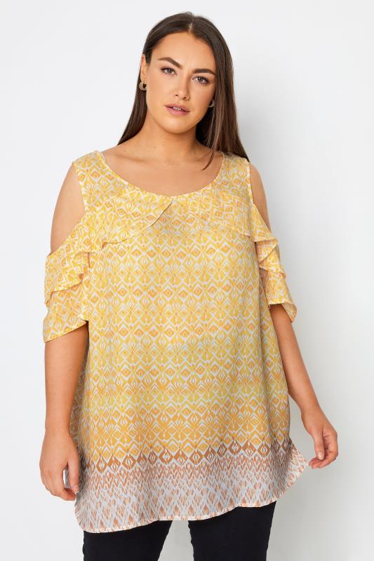 Plus Size  City Chic Yellow Aztec Print Frill Cold Shoulder Top