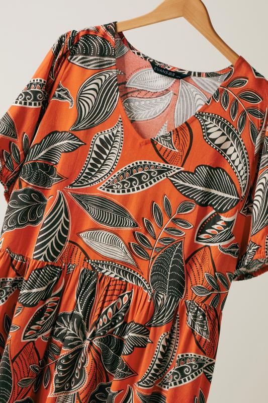 EVANS Plus Size Orange Leaf Print Linen Midi Dress | Evans 7