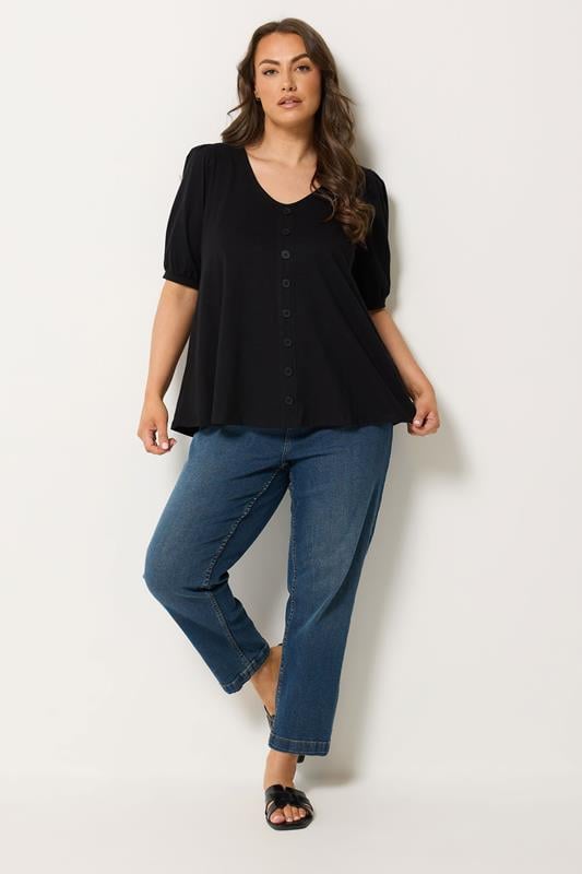 YOURS Plus Size Black Button Front Puff Sleeve Top | Yours Clothing  1