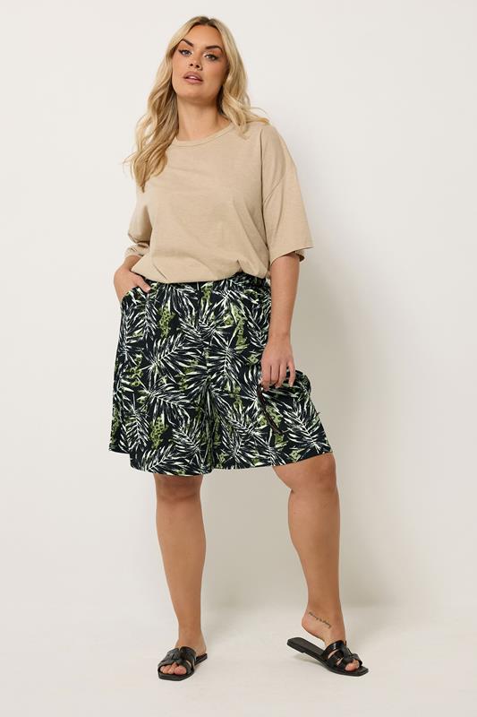 YOURS Plus Size Black Leaf Print Textured Shorts | Yours Clothing 1