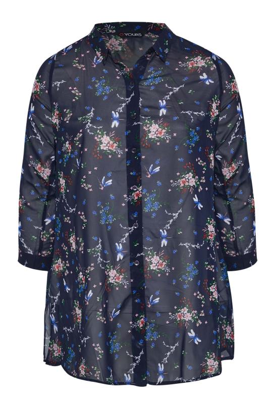 Plus Size Navy Blue Floral Print Button Through Shirt | Yours Clothing 7