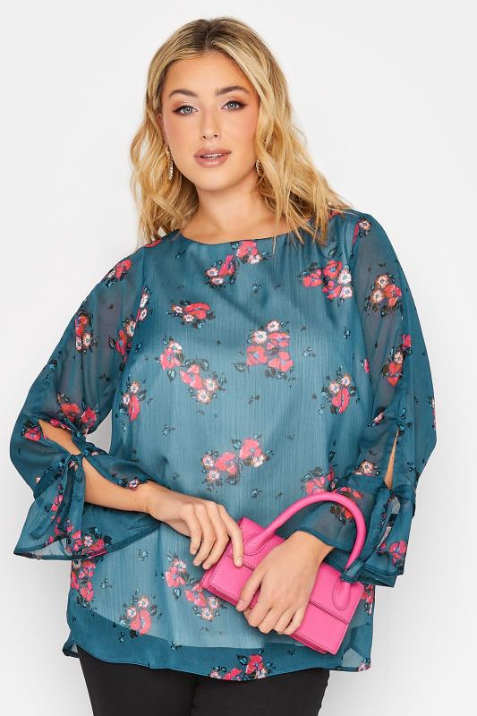 YOURS Plus Size Curve Blue & Pink Floral Bell Sleeve Blouse | Yours Clothing  1