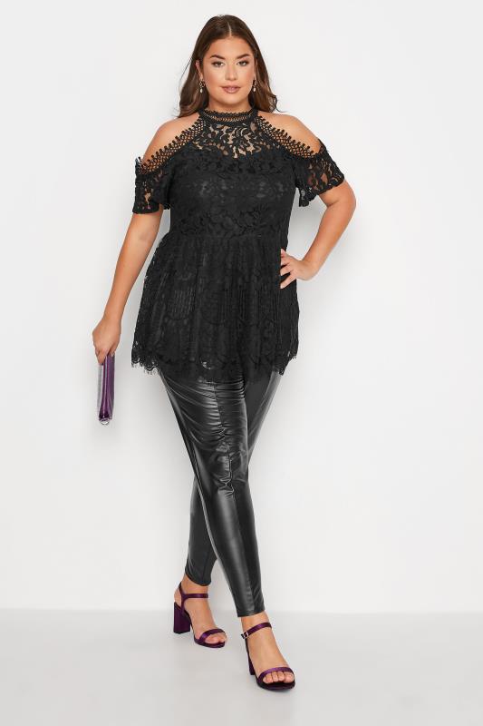 YOURS LONDON Plus Size Black Cold Shoulder Lace Peplum Top | Yours Clothing 2