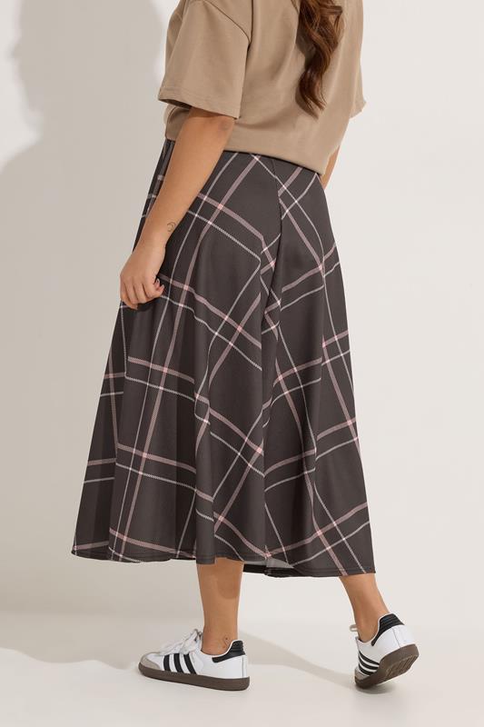 PixieGirl Petite Women's Chocolate Brown & Pink Check Midi Skirt | PixieGirl 2