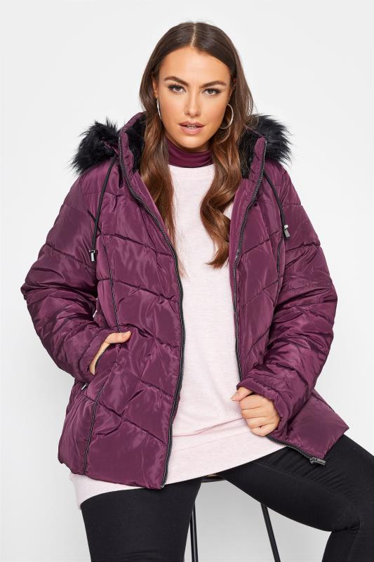 Purple Faux Fur Hood Panelled Puffer Coat_A.jpg