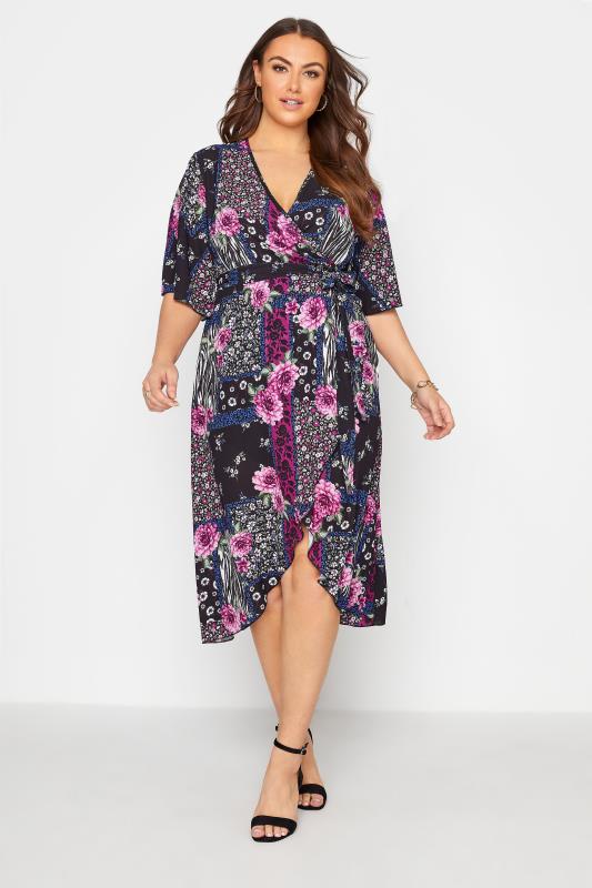  Grande Taille YOURS LONDON Black Floral Animal Print Wrap Dress