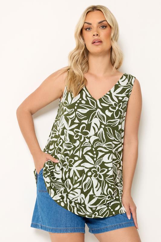  YOURS top sin mangas con vuelo verde caqui y estampado floral