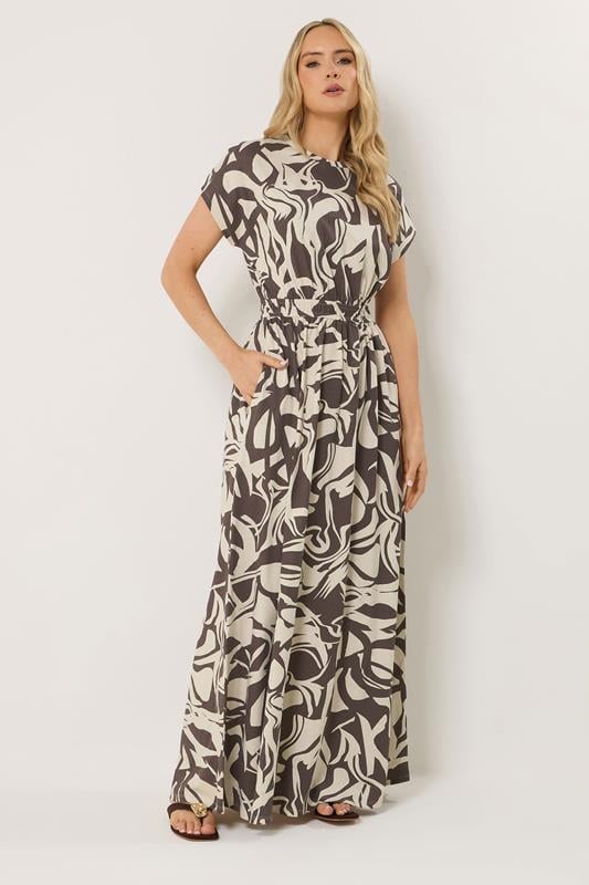  LTS Tall Robe longue à taille smockée marron chocolat à motif abstrait