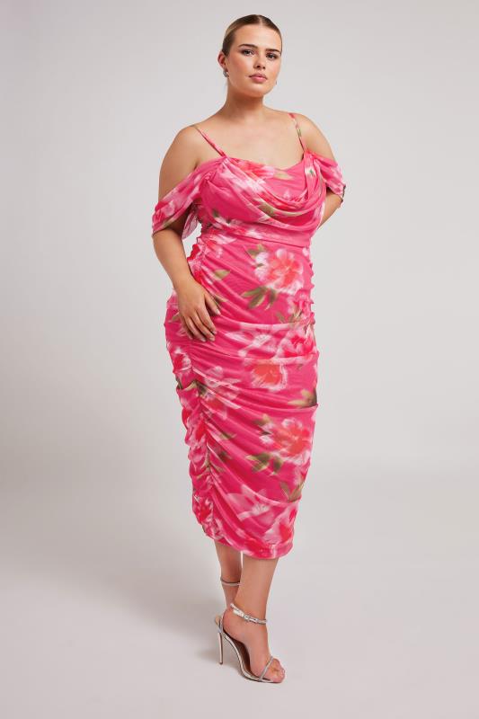 YOURS LONDON Plus Size Pink Floral Print Cold Shoulder Dress | Yours Clothing 4