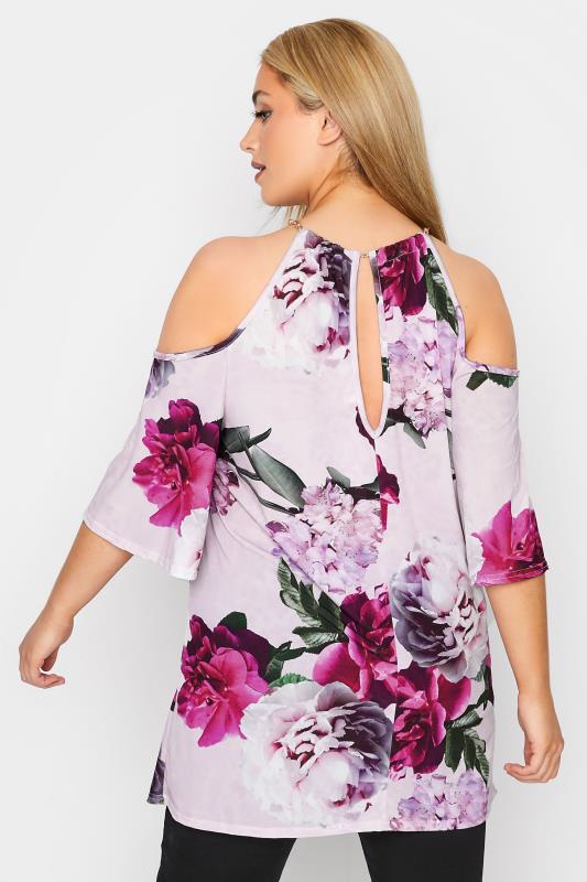YOURS LONDON Plus Size Pink Floral Chain Neckline Cold Shoulder Top | Yours Clothing 3