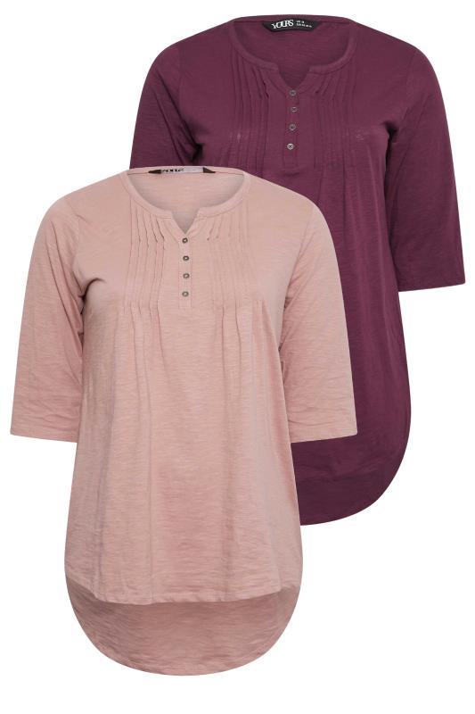 YOURS Plus Size Curve 2 PACK Pink & Purple Pintuck Henley Tops | Yours Clothing 8