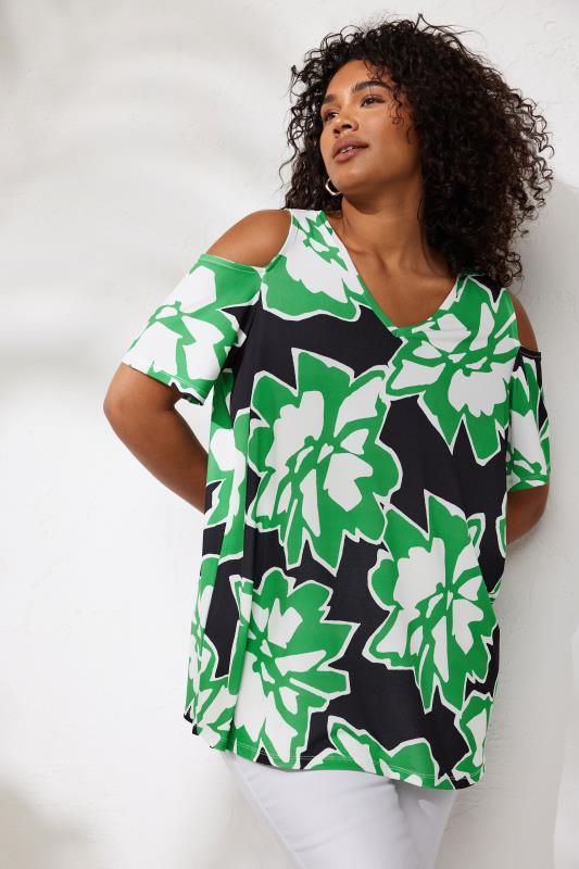 Plus Size  EVANS Curve Green Abstract Floral Cold Shoulder Top
