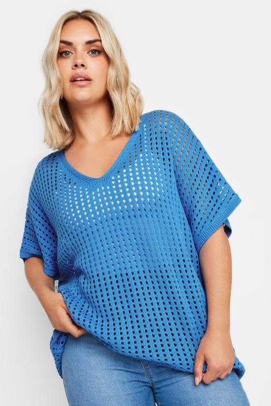 YOURS Plus Size Blue Crochet Short Sleeve Top | Yours Clothing 1