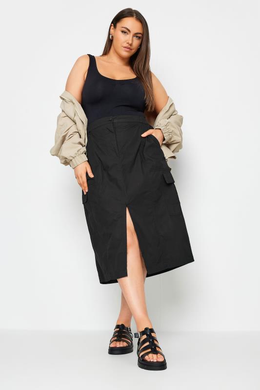 YOURS Plus Size Black Split Hem Cargo Midi Skirt | Yours Clothing 2