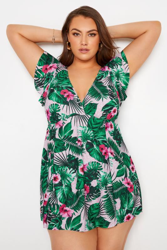 Plus Size  Curve Pink Tropical Print Angel Sleeve Swim Dress