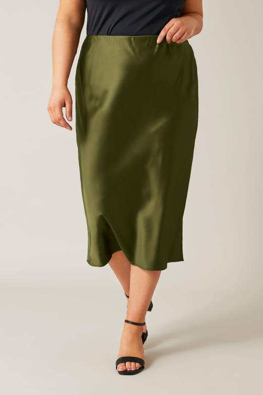 EVANS Plus Size Khaki Green Midi Satin Skirt | Evans  1