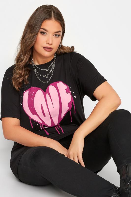 LIMITED COLLECTION Plus-Size Curve Black 'Love' Heart Print T-Shirt | Yours Clothing 1